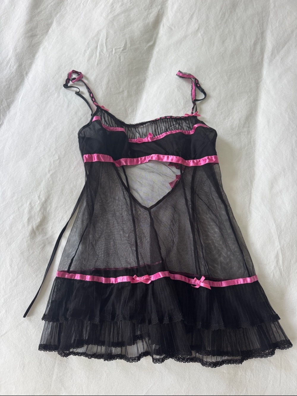Betsey Johnson Black Sheer Mesh Chemise with Pink Satin Trim